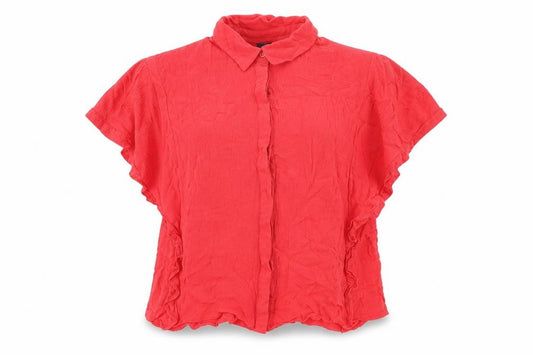 Front view of Topshop women’s red viscose basic button-up, size UK 8, collared