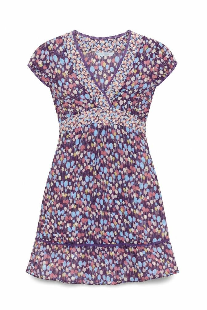Front view of Red Herring women’s purple geometric polyester a-line, size UK 12, v-neck pullover