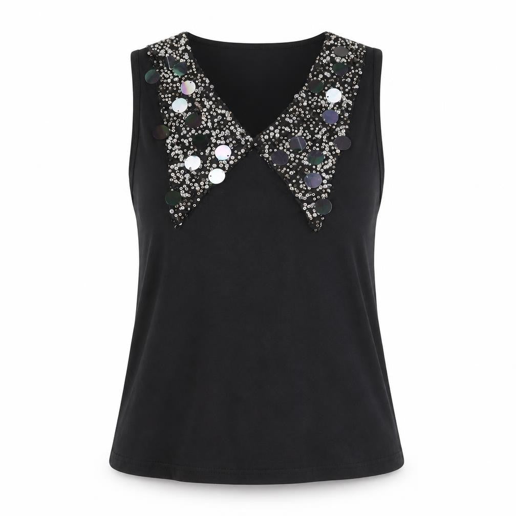 Front view of May by Shining Star women’s black cotton basic t-shirt, size S, v-neck