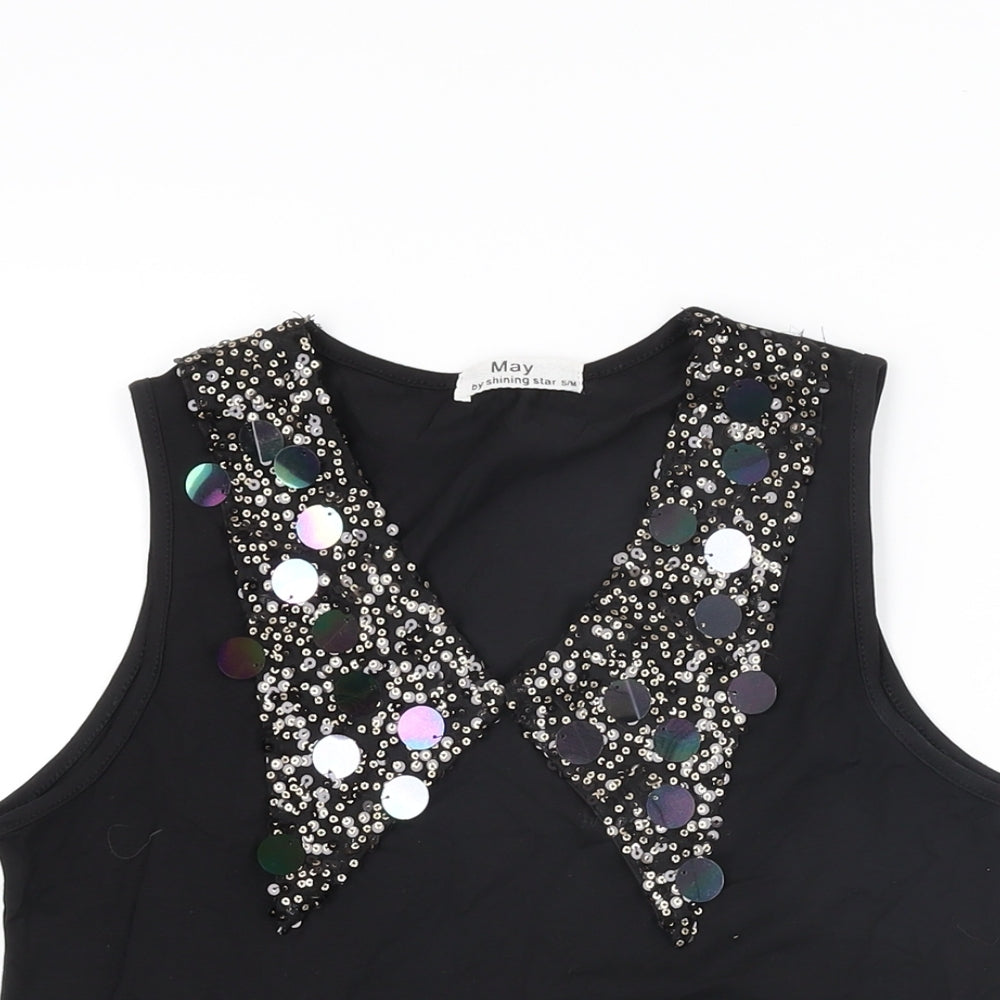 May by Shining Star Womens Black Cotton Basic T-Shirt Size S V-Neck