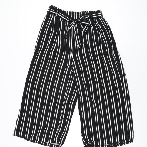 Amisu Womens Black Striped Polyester Cropped Trousers Size 10 L20 in Regular Tie