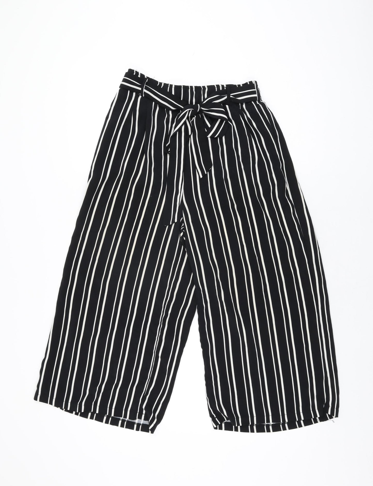 Amisu Womens Black Striped Polyester Cropped Trousers Size 10 L20 in Regular Tie