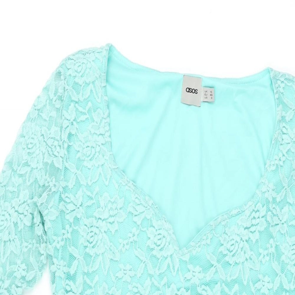 ASOS Womens Blue Floral Nylon Bodycon Size 12 Sweetheart Pullover