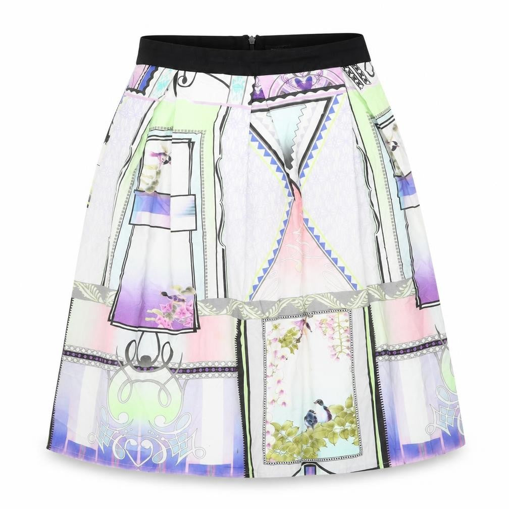 Front view of River Island women’s multicoloured geometric cotton swing skirt, size UK 14, zip