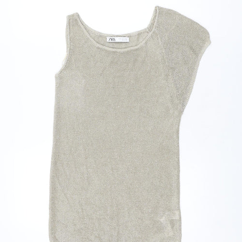 Zara Womens Gold Viscose Basic T-Shirt Size S Round Neck