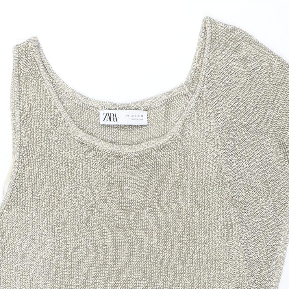 Zara Womens Gold Viscose Basic T-Shirt Size S Round Neck