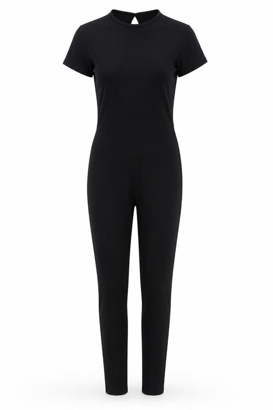 Front view of PRETTYLITTLETHING women’s black polyester jumpsuit one-piece, size UK 4, 28-inch leg button