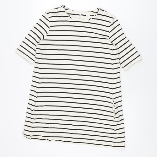 H&M Womens White Striped Viscose Shift Size S Round Neck Zip