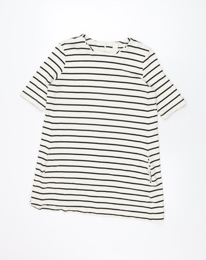 H&M Womens White Striped Viscose Shift Size S Round Neck Zip