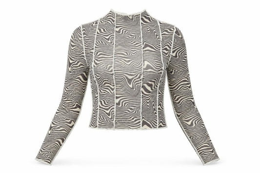 Front view of H&M women’s grey geometric polyester basic t-shirt, size M, round neck - sheer