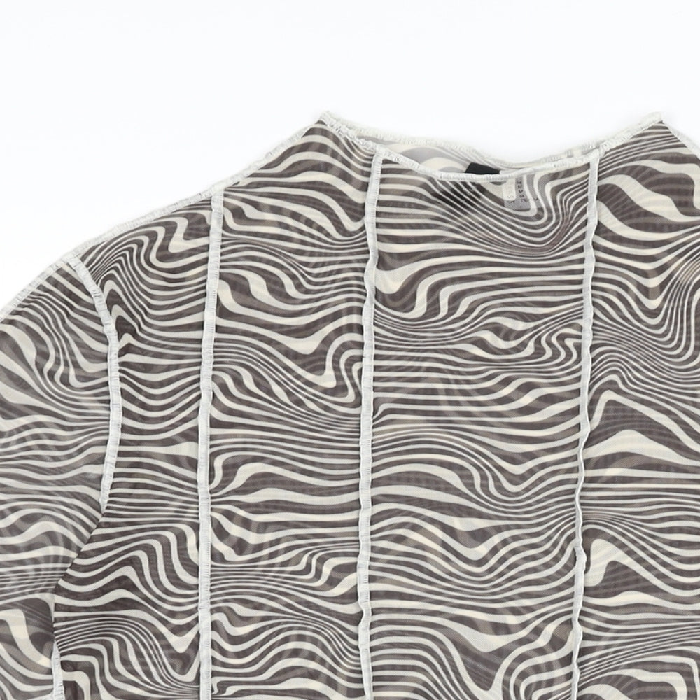 H&M Womens Grey Geometric Polyester Basic T-Shirt Size M Round Neck - Sheer