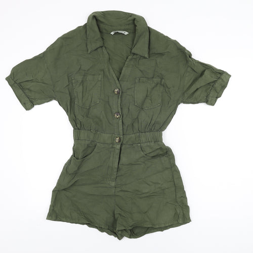 Zara Womens Green Cotton Playsuit One-Piece Size XS L3 in Button