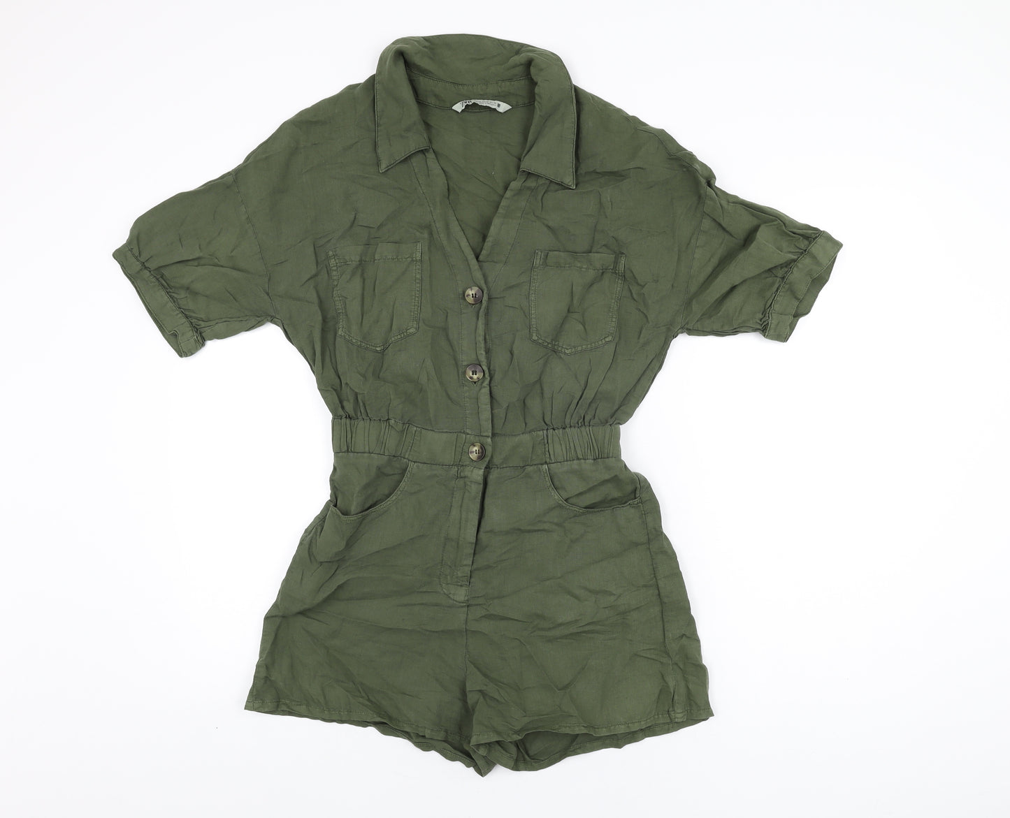 Zara Womens Green Cotton Playsuit One-Piece Size XS L3 in Button