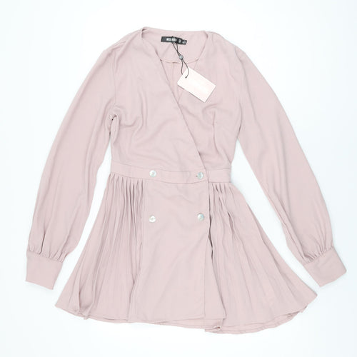 Missguided Womens Pink Polyester Skater Dress Size 4 V-Neck Button