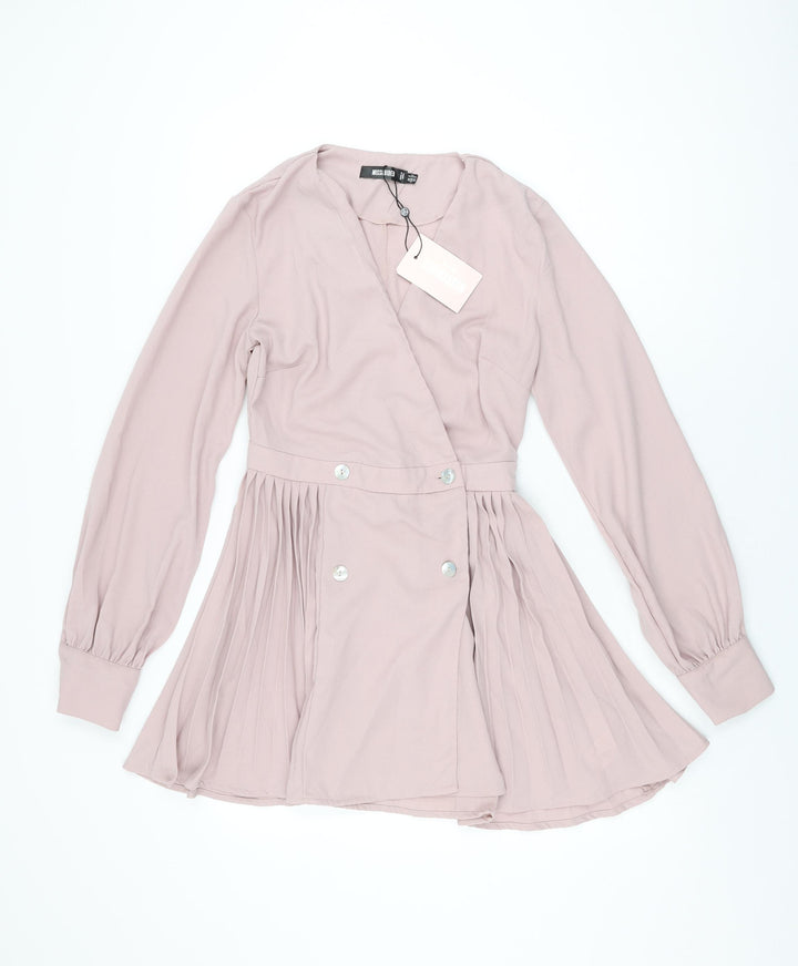 Missguided Womens Pink Polyester Skater Dress Size 4 V-Neck Button
