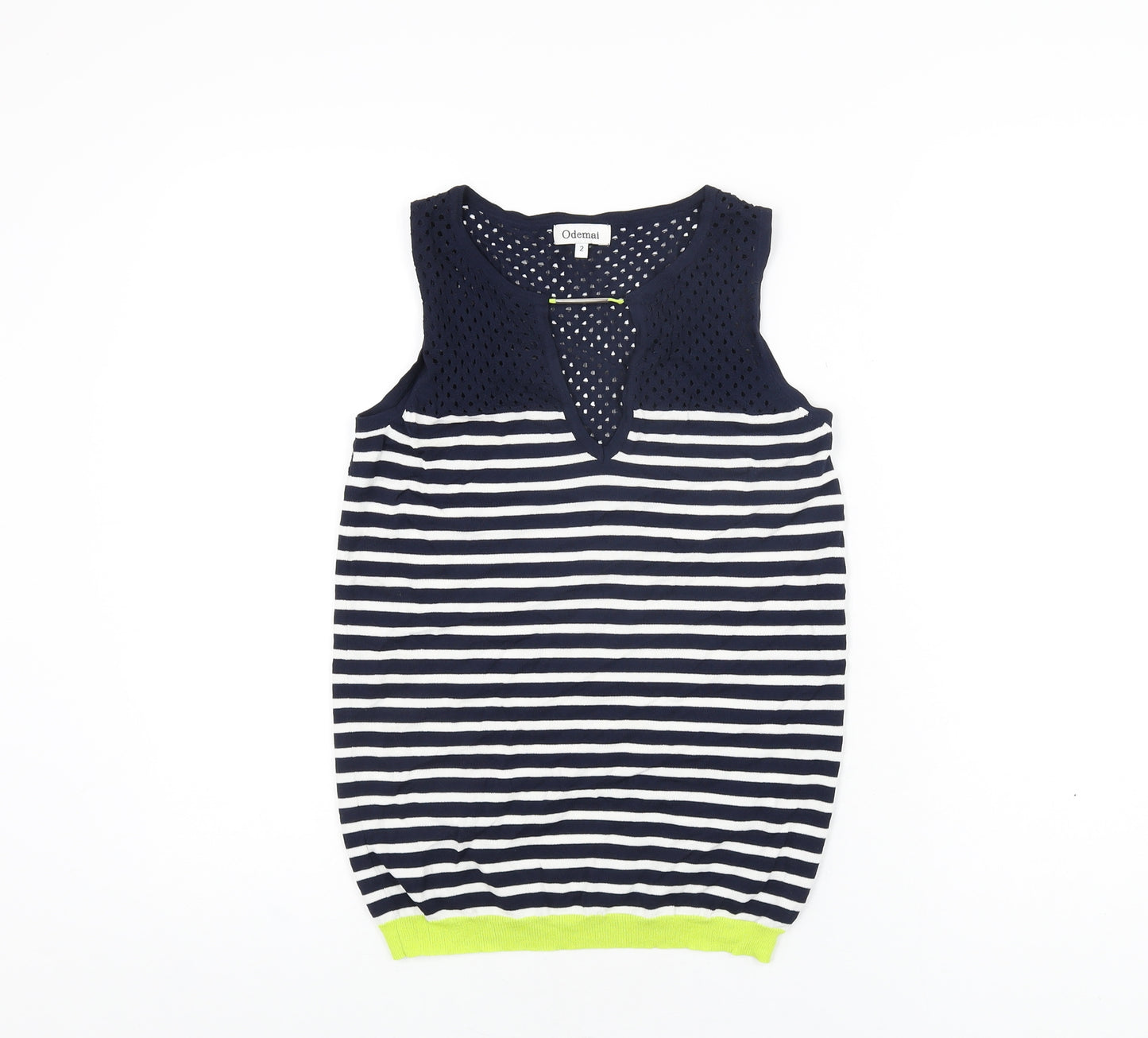 Odemai Womens Blue Striped Nylon Basic T-Shirt Size 6 V-Neck
