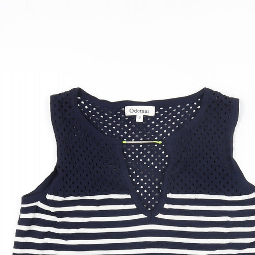 Odemai Womens Blue Striped Nylon Basic T-Shirt Size 6 V-Neck