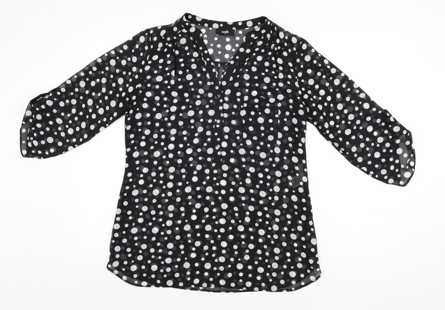 Wallis Womens Black Polka Dot Polyester Basic Blouse Size M V-Neck