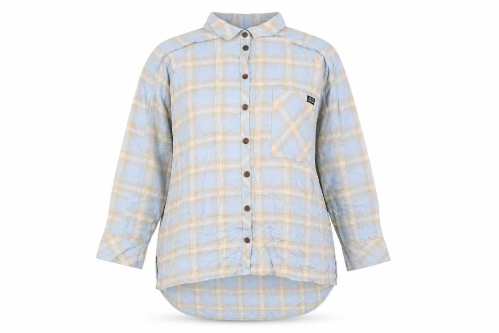 Front view of Urban Outfitters women’s blue plaid viscose basic button-up, size M, collared