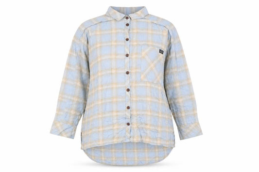 Front view of Urban Outfitters women’s blue plaid viscose basic button-up, size M, collared