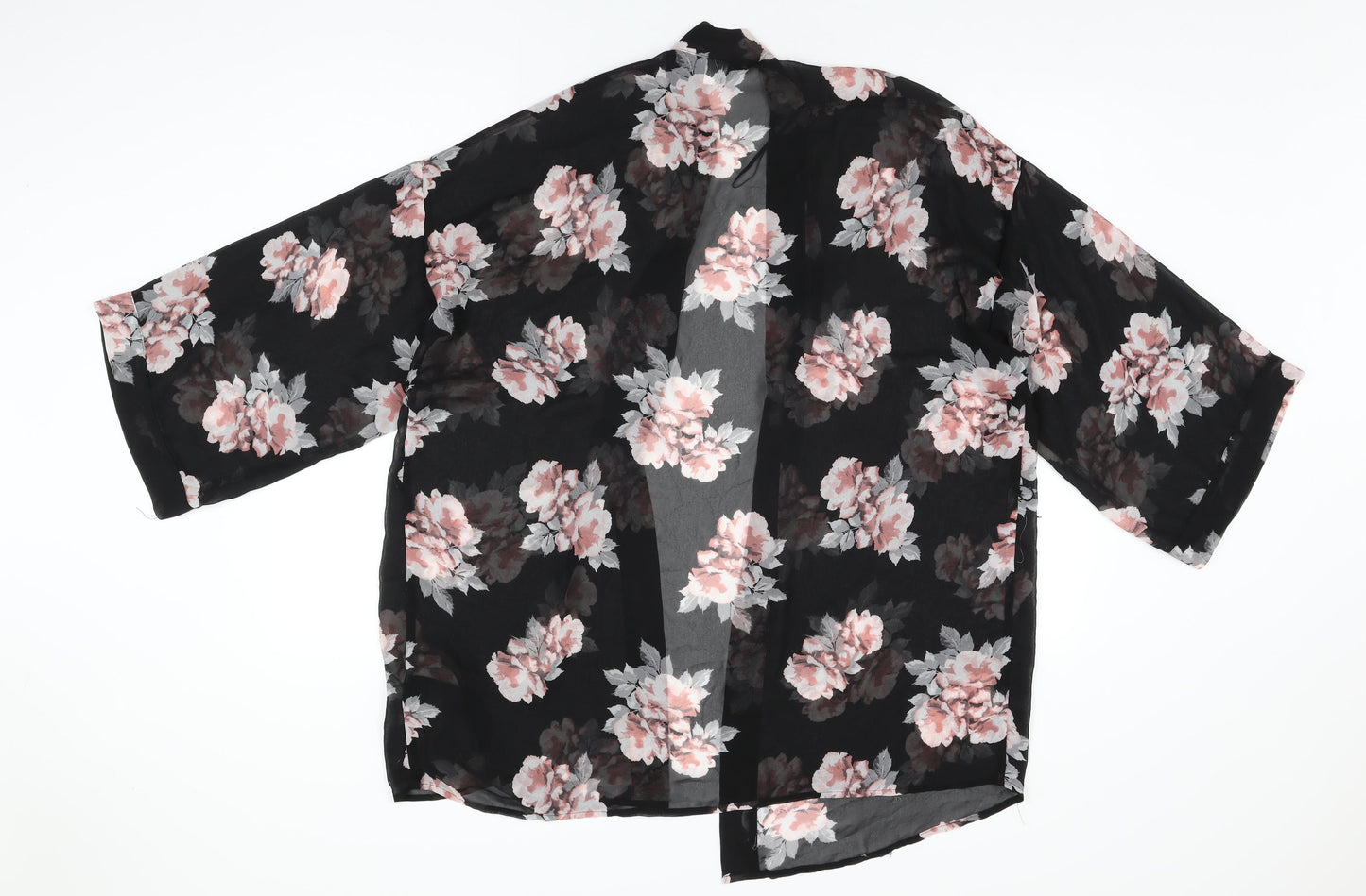 H&M Womens Black Floral Polyester Kimono T-Shirt Size L V-Neck