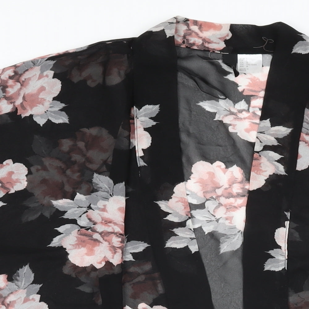 H&M Womens Black Floral Polyester Kimono T-Shirt Size L V-Neck