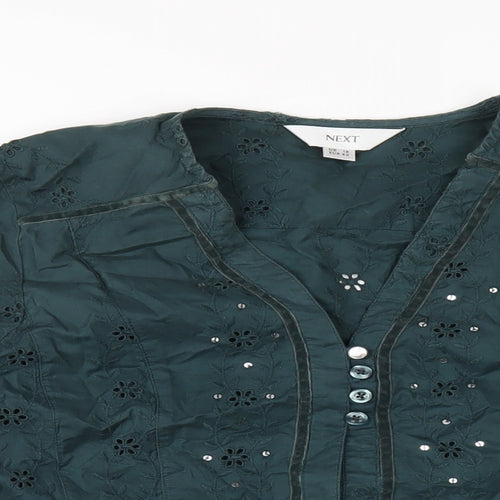 NEXT Womens Green Cotton Basic Button-Up Size 12 V-Neck