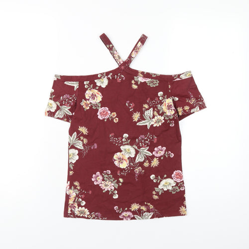 Terranova Womens Red Floral Cotton Basic T-Shirt Size M Square Neck