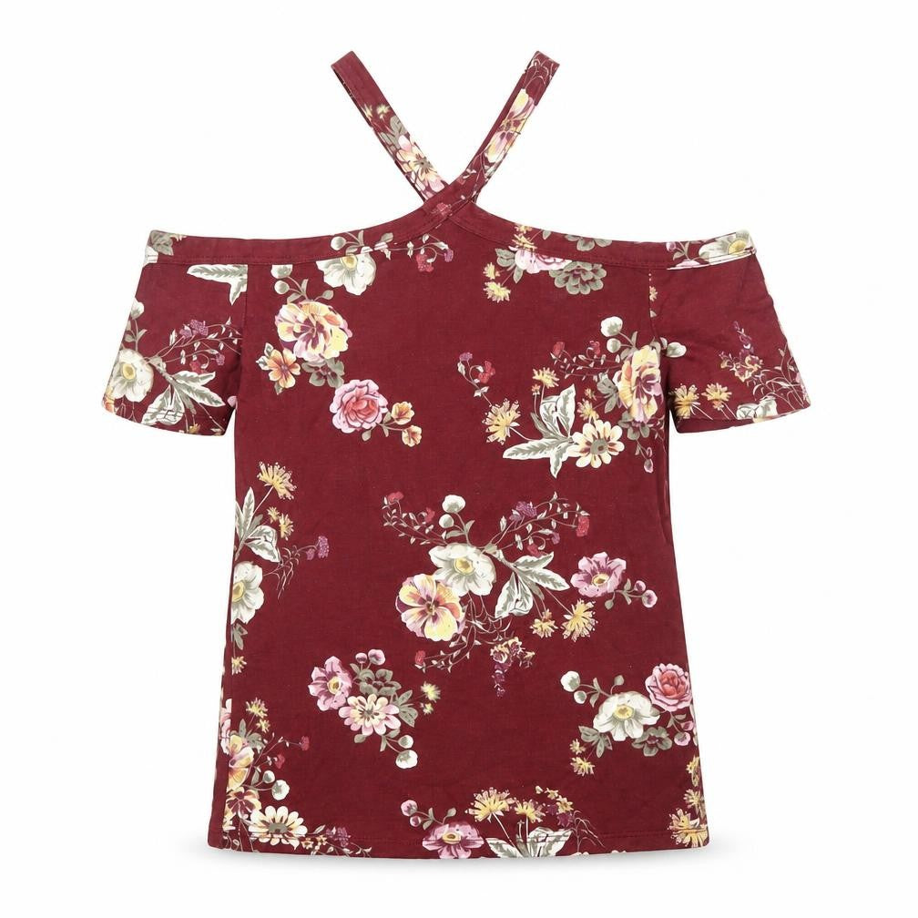 Front view of Terranova women’s red floral cotton basic t-shirt, size M, square neck