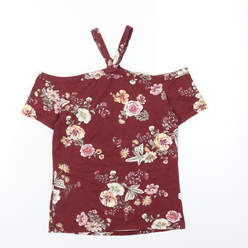 Terranova Womens Red Floral Cotton Basic T-Shirt Size M Square Neck