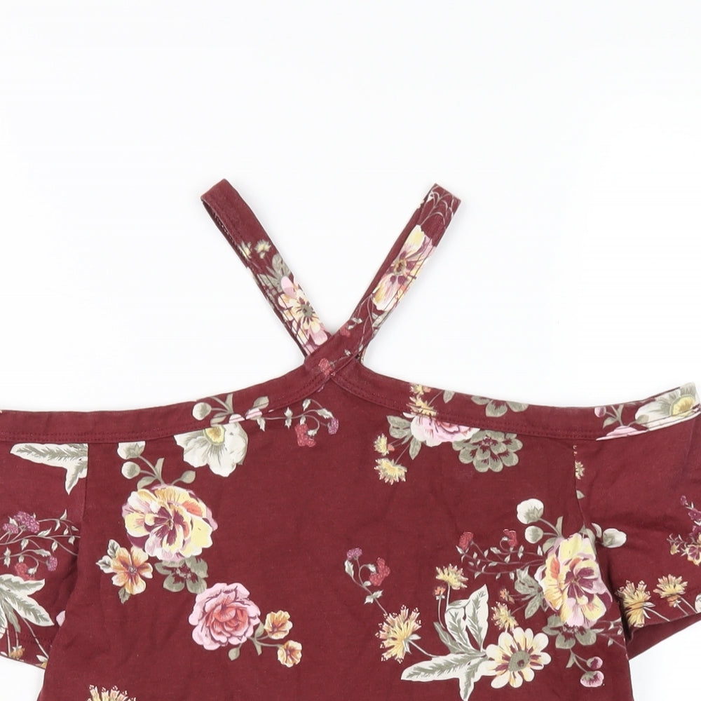 Terranova Womens Red Floral Cotton Basic T-Shirt Size M Square Neck