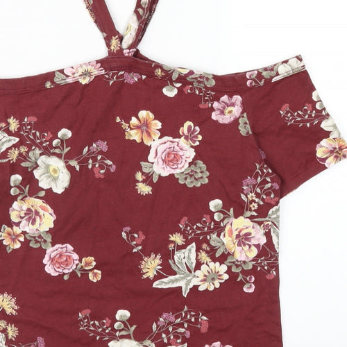 Terranova Womens Red Floral Cotton Basic T-Shirt Size M Square Neck