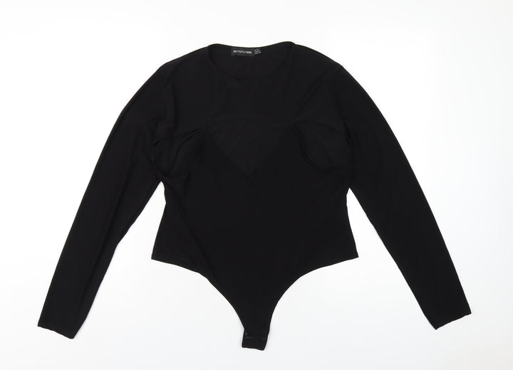 PRETTYLITTLETHING Womens Black Polyester Bodysuit One-Piece Size 16 Snap