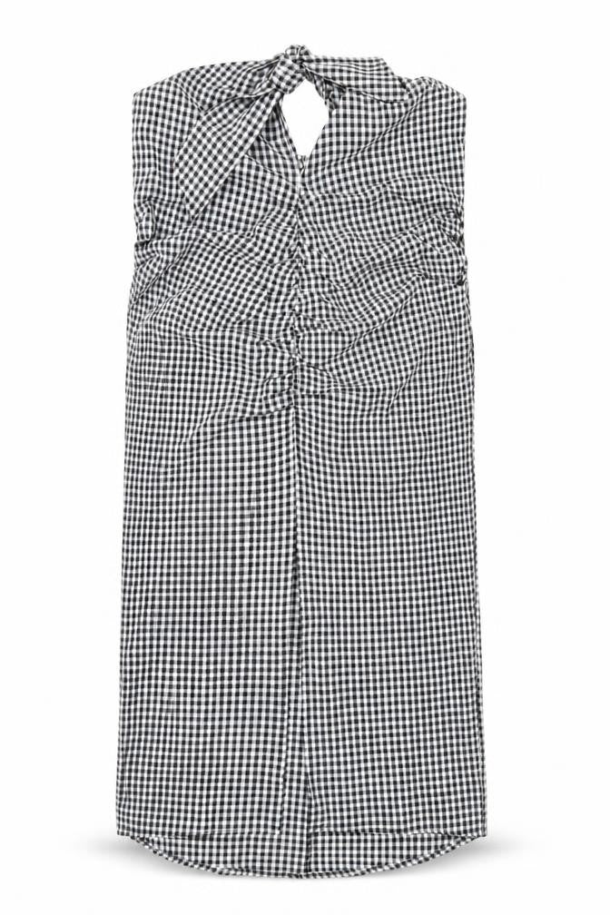 Front view of Mango women’s black check polyester bodycon, size M, square neck zip