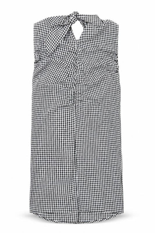 Front view of Mango women’s black check polyester bodycon, size M, square neck zip