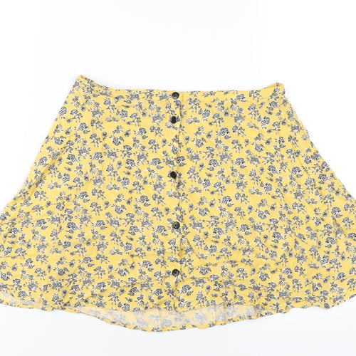 H&M Womens Yellow Floral Viscose A-Line Skirt Size 8 Button
