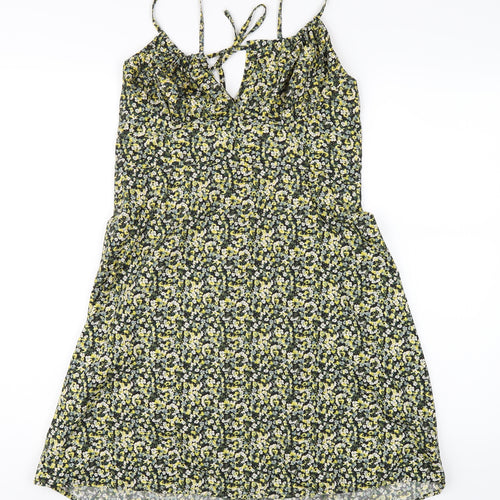 H&M Womens Yellow Floral Polyester A-Line Size M Round Neck Zip