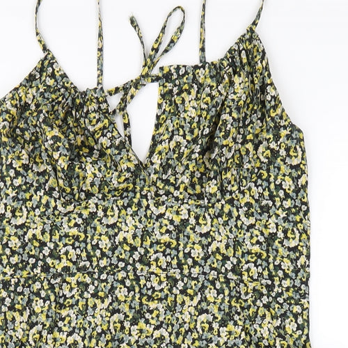 H&M Womens Yellow Floral Polyester A-Line Size M Round Neck Zip