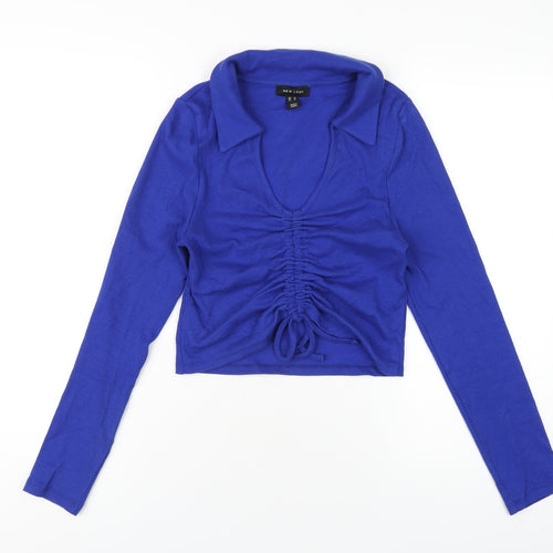 New Look Womens Blue Cotton Cropped T-Shirt Size 14 V-Neck - Ruched Front
