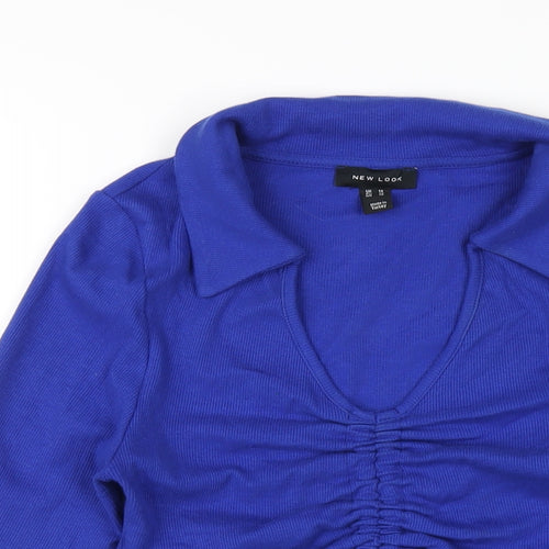 New Look Womens Blue Cotton Cropped T-Shirt Size 14 V-Neck - Ruched Front