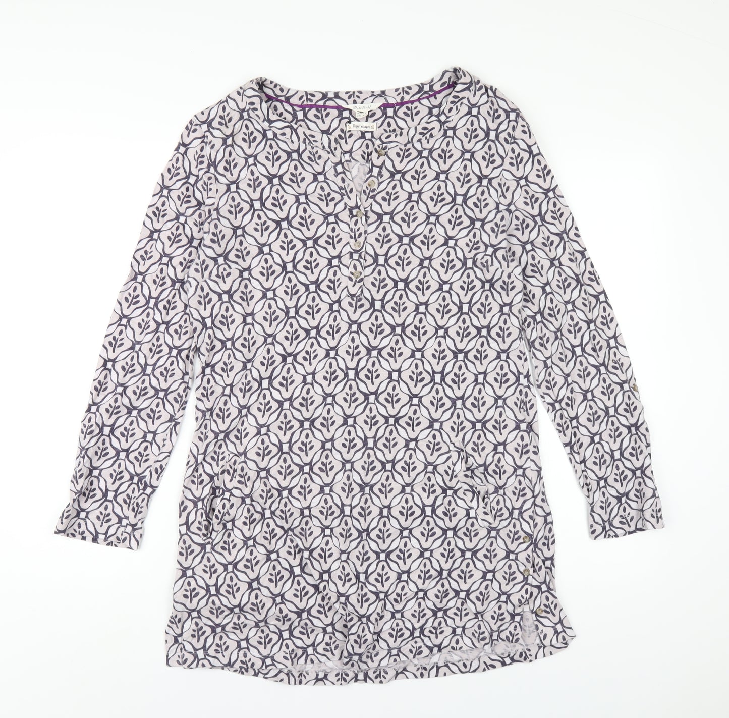 White Stuff Womens Multicoloured Geometric 100% Cotton A-Line Size 14 V-Neck Pullover