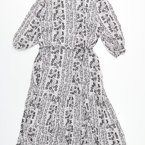 And/Or Womens Grey Floral Cotton A-Line Size 10 Round Neck Button