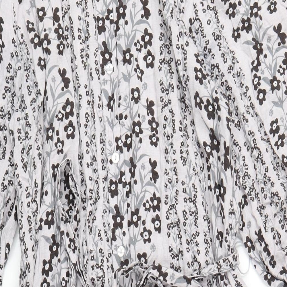 And/Or Womens Grey Floral Cotton A-Line Size 10 Round Neck Button