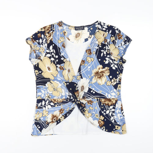 Saloos Womens Blue Floral Polyester Basic T-Shirt Size M Round Neck