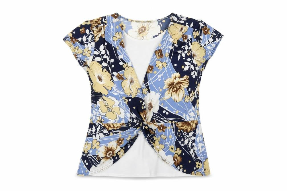 Front view of Saloos women’s blue floral polyester basic t-shirt, size M, round neck