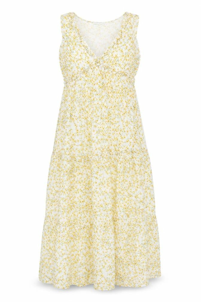 Front view of Pull&Bear women’s yellow floral viscose maxi, size M, v-neck pullover