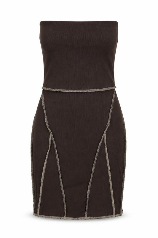 Front view of PRETTYLITTLETHING women’s brown polyester bodycon, size UK 8, square neck lace up