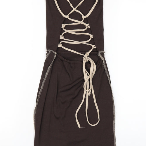 PRETTYLITTLETHING Womens Brown Polyester Bodycon Size 8 Square Neck Lace Up