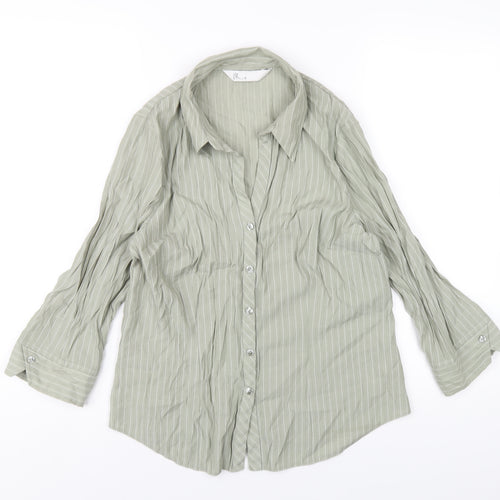 BHS Womens Green Striped Polyester Basic Button-Up Size 14 Collared