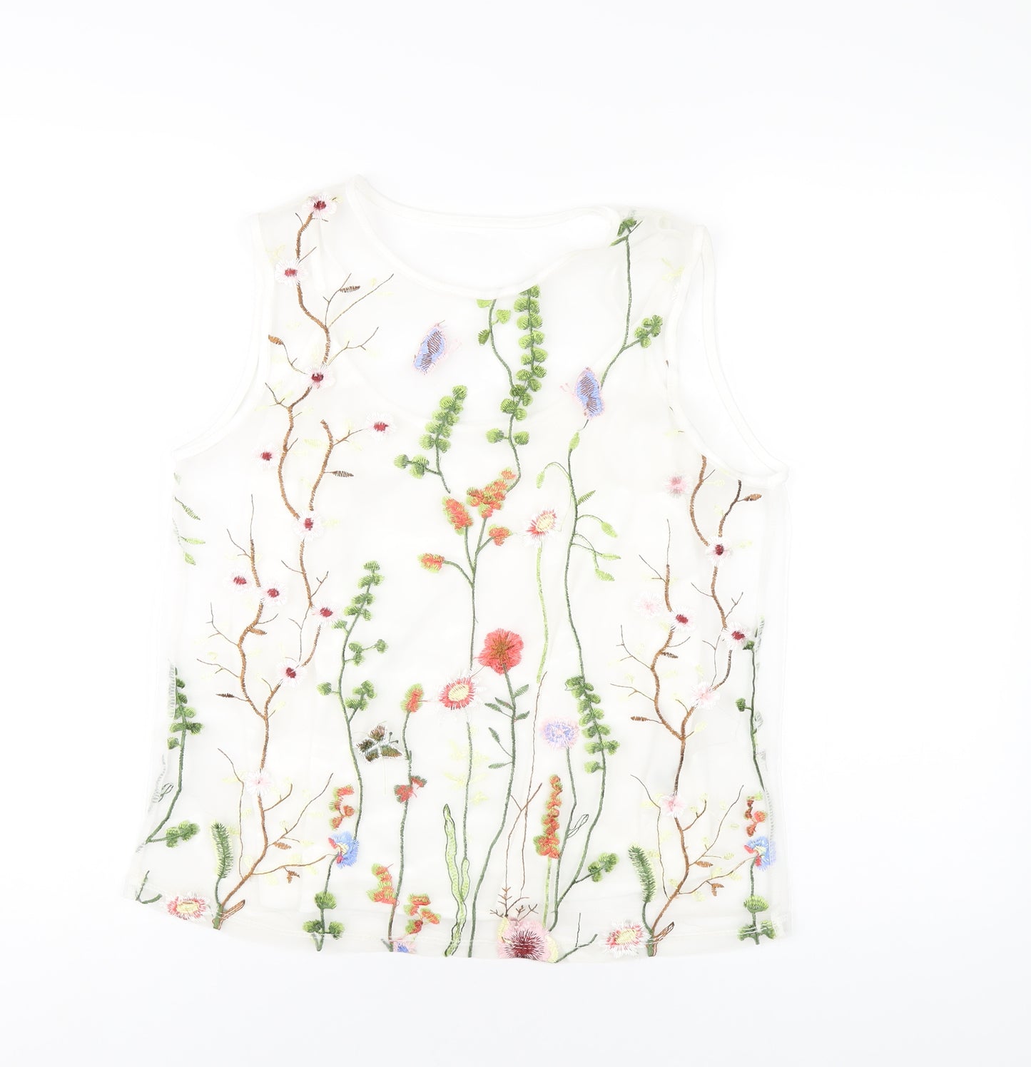 New Look Womens White Floral Polyamide Basic Tank Size 14 Round Neck